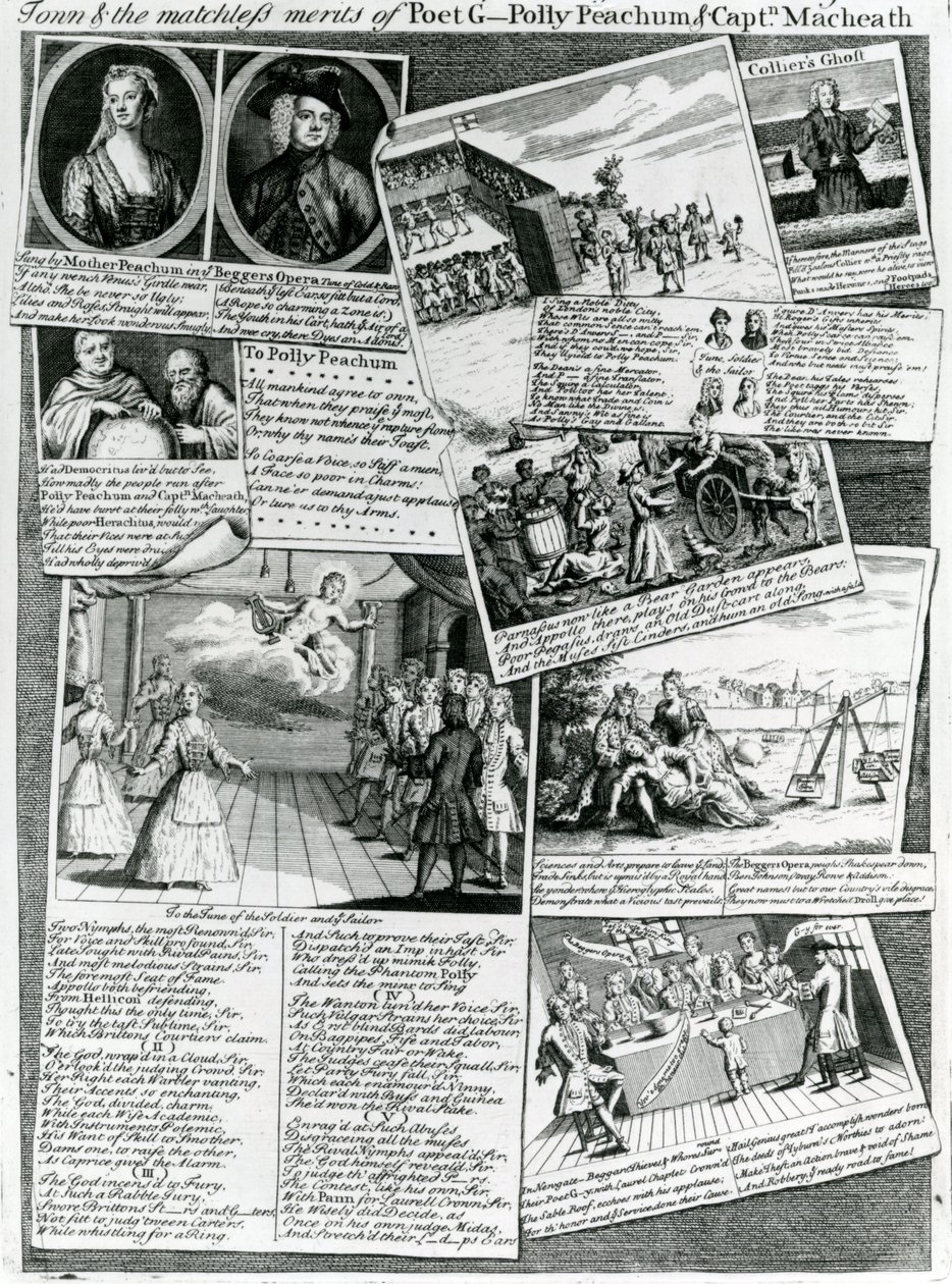 The Stage Medley يمثل الذوق المهذب للمدينة والميزات التي لا مثيل لها للشاعر G. ، Polly Peachum و Captain Macheath ، c.1728 بواسطة مدرسة اللغة الإنجليزية