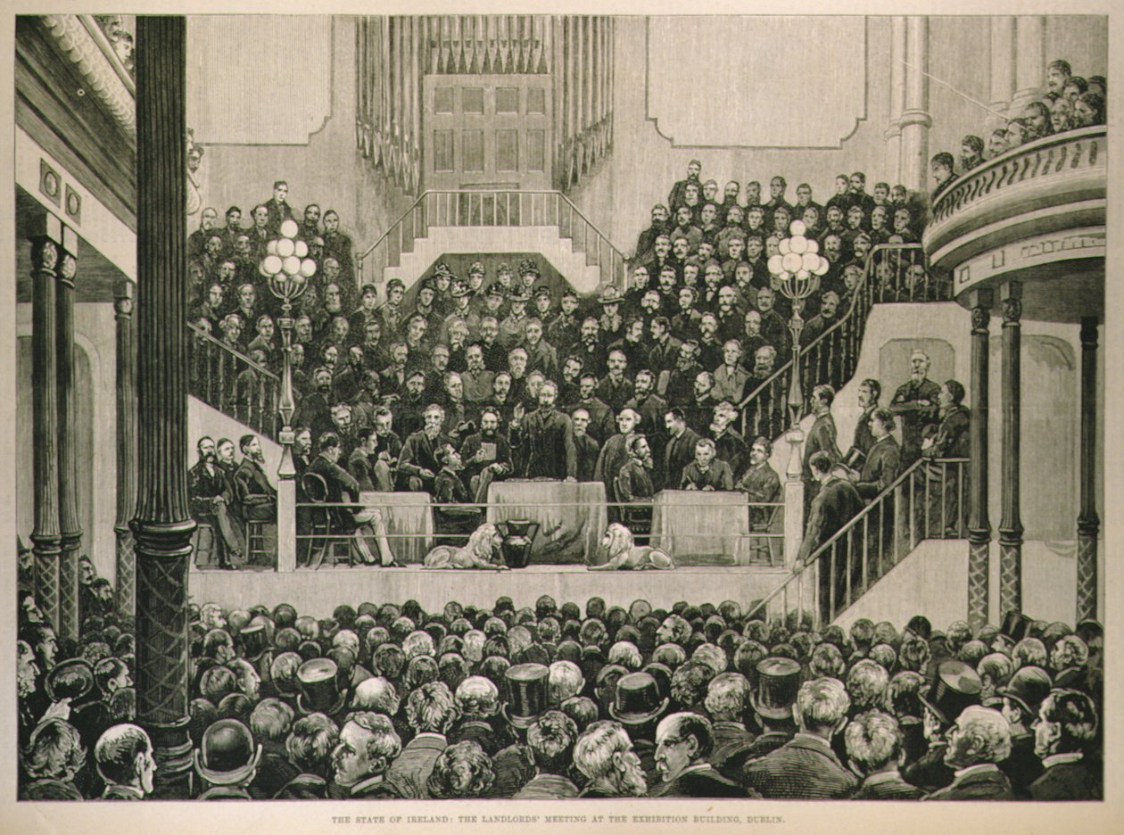 حالة أيرلندا: اجتماع الملاك في مبنى المعرض ، دبلن ، من أخبار لندن المصورة ، 14 يناير 1882 بواسطة مدرسة اللغة الإنجليزية