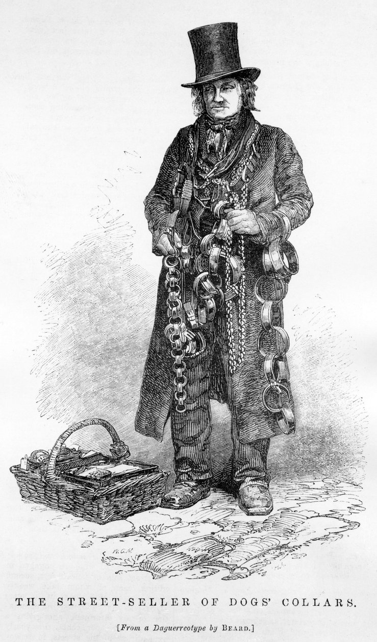 بائع الشوارع للكلاب الياقات ، c.1840 بواسطة مدرسة اللغة الإنجليزية