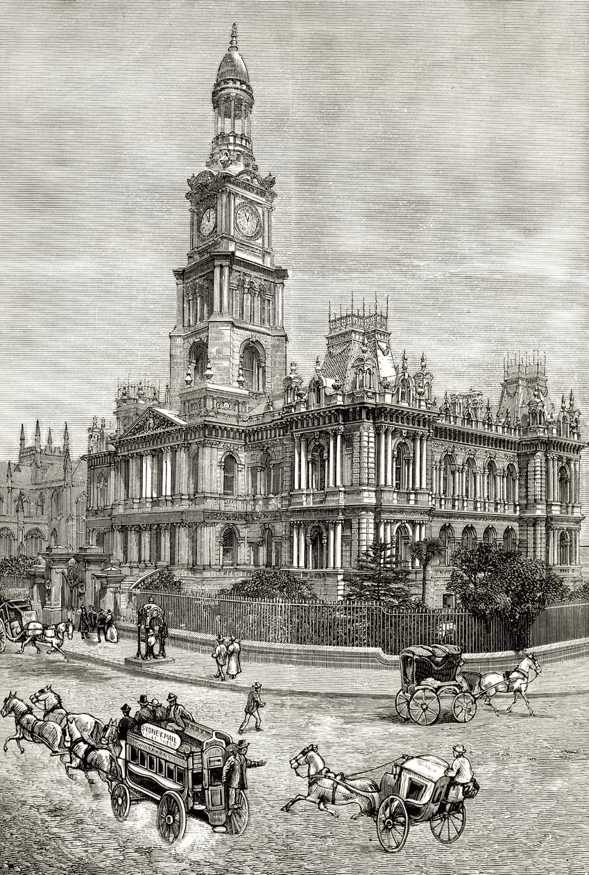 The Town Hall، Sydney، c.1880، from "Australian Pictures" بواسطة Howard Willoughby ، نشرته جمعية المسالك الدينية ، لندن ، 1886 بواسطة مدرسة اللغة الإنجليزية