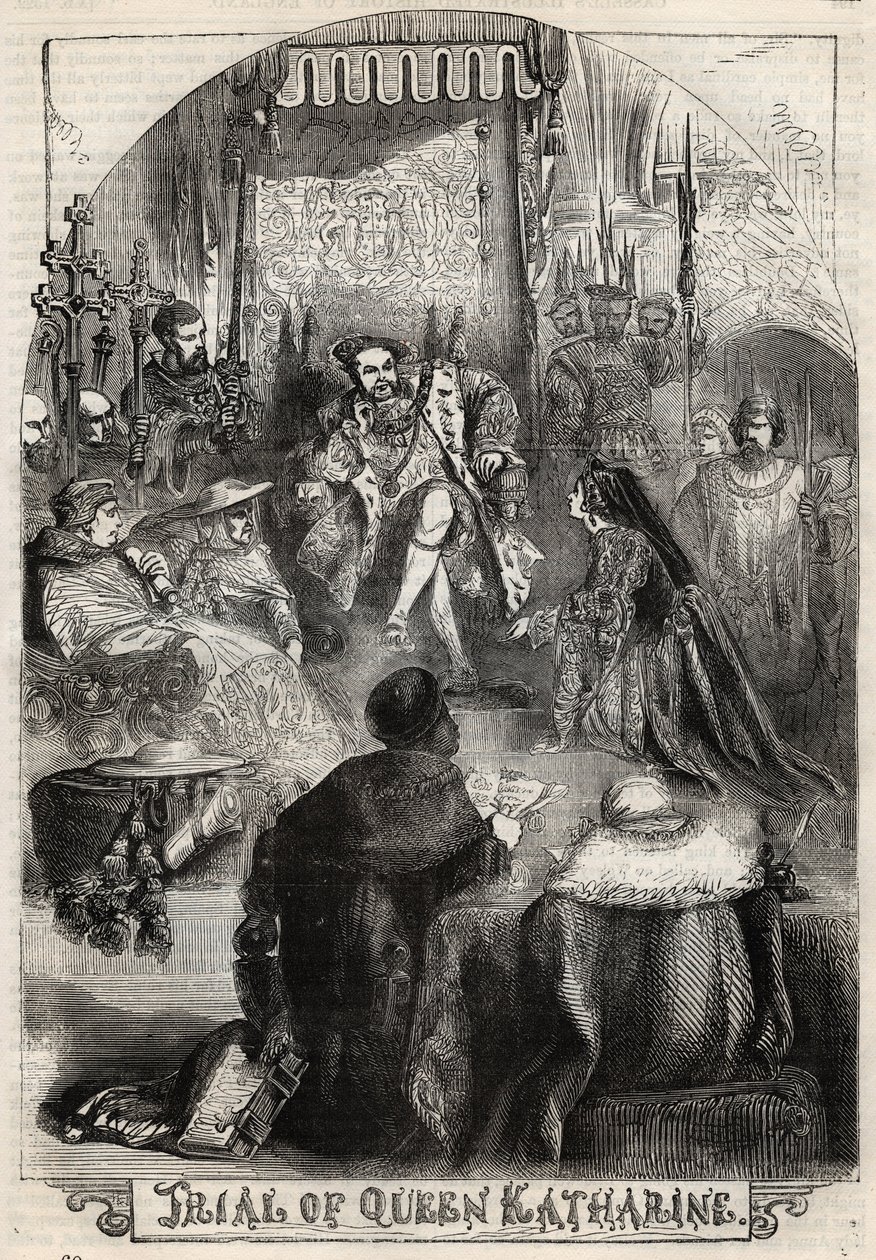 محاكمة الملكة كاثرين من أراغون عام 1529 ، الزوجة الأولى لهنري الثامن ، التي أُلغي زواجها من الملك - بروسيس دي كاثرين داراغون (1486-1536) زوجة هنري الثامن - نقش من "تاريخ إنجلترا" بواسطة كاسيل بيتر وجالبين بواسطة مدرسة اللغة الإنجليزية
