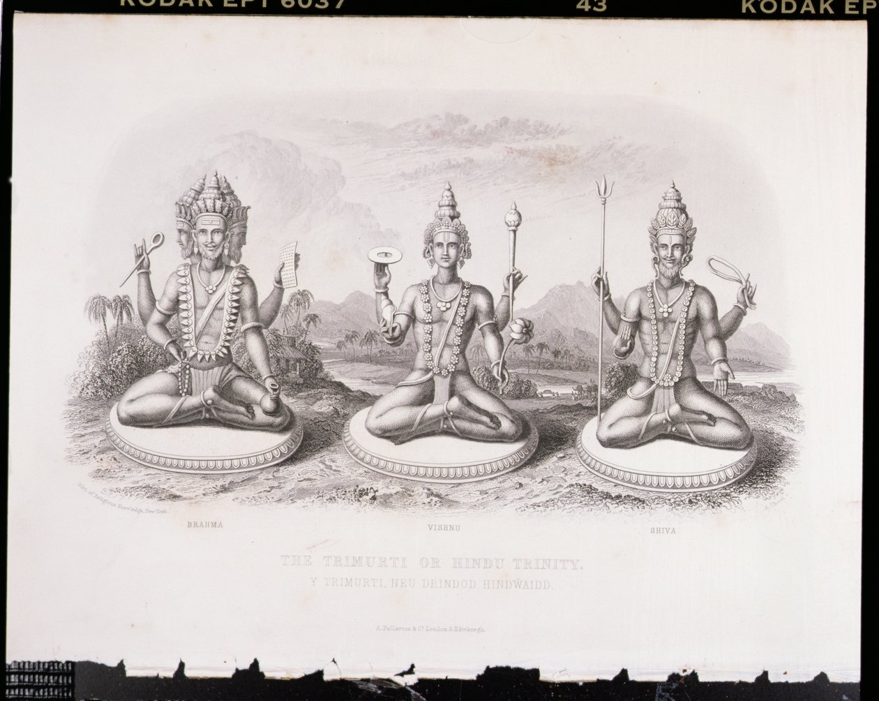 The Trimurti or Hindu Trinity ، منقوش بواسطة A. Thorn ، من World Religion ، نشره A. Fullarton & Co. بواسطة مدرسة اللغة الإنجليزية