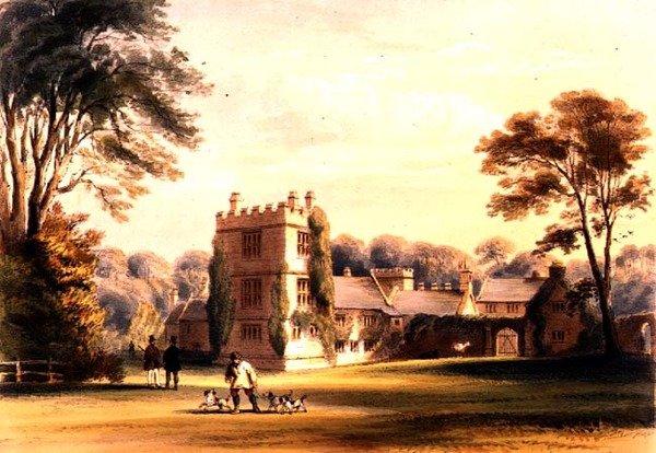 البرج الغربي ، Cotehele House ، حوالي 1830-40 (لون ليثو) بواسطة مدرسة اللغة الإنجليزية