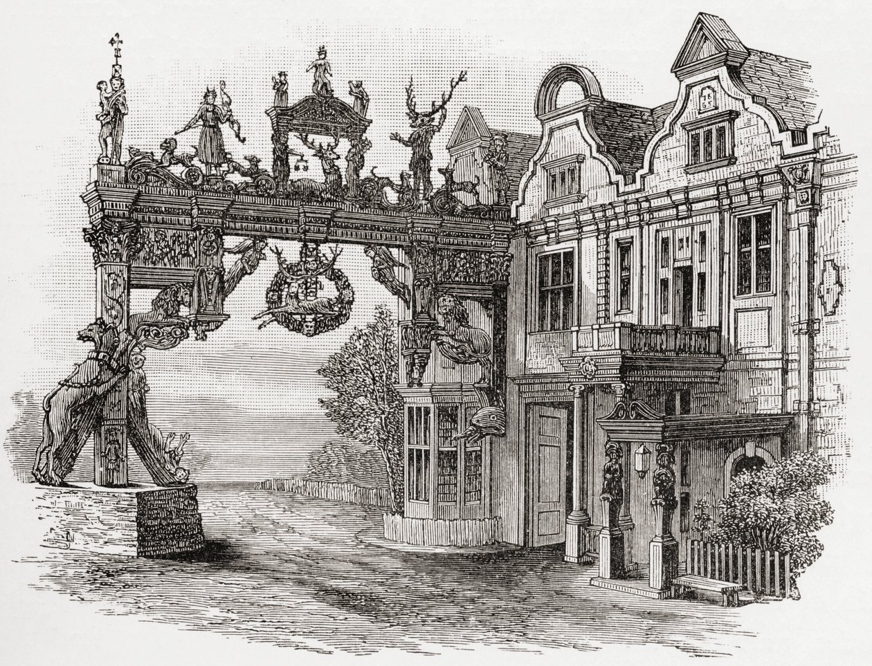 The White Hart Inn ، Scole ، نورفولك في القرن السابع عشر ، من "تاريخ قصير للشعب الإنجليزي" بقلم JR Green ، نُشر عام 1893 بواسطة مدرسة اللغة الإنجليزية