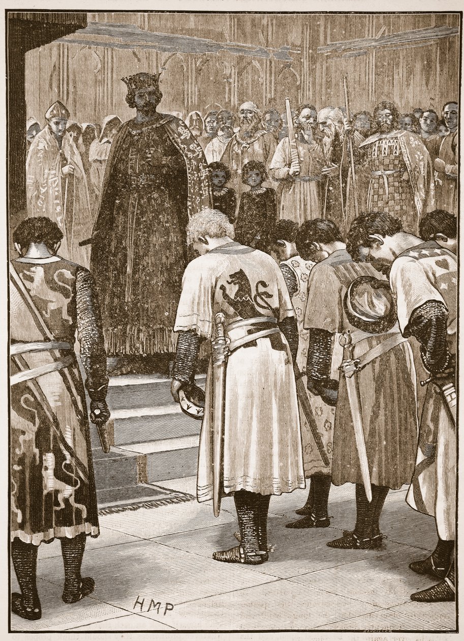 البارونات يقدمون مطالبهم إلى هنري ، رسم توضيحي من Cassells Illustrated History of England (sepia photo) بواسطة مدرسة اللغة الإنجليزية