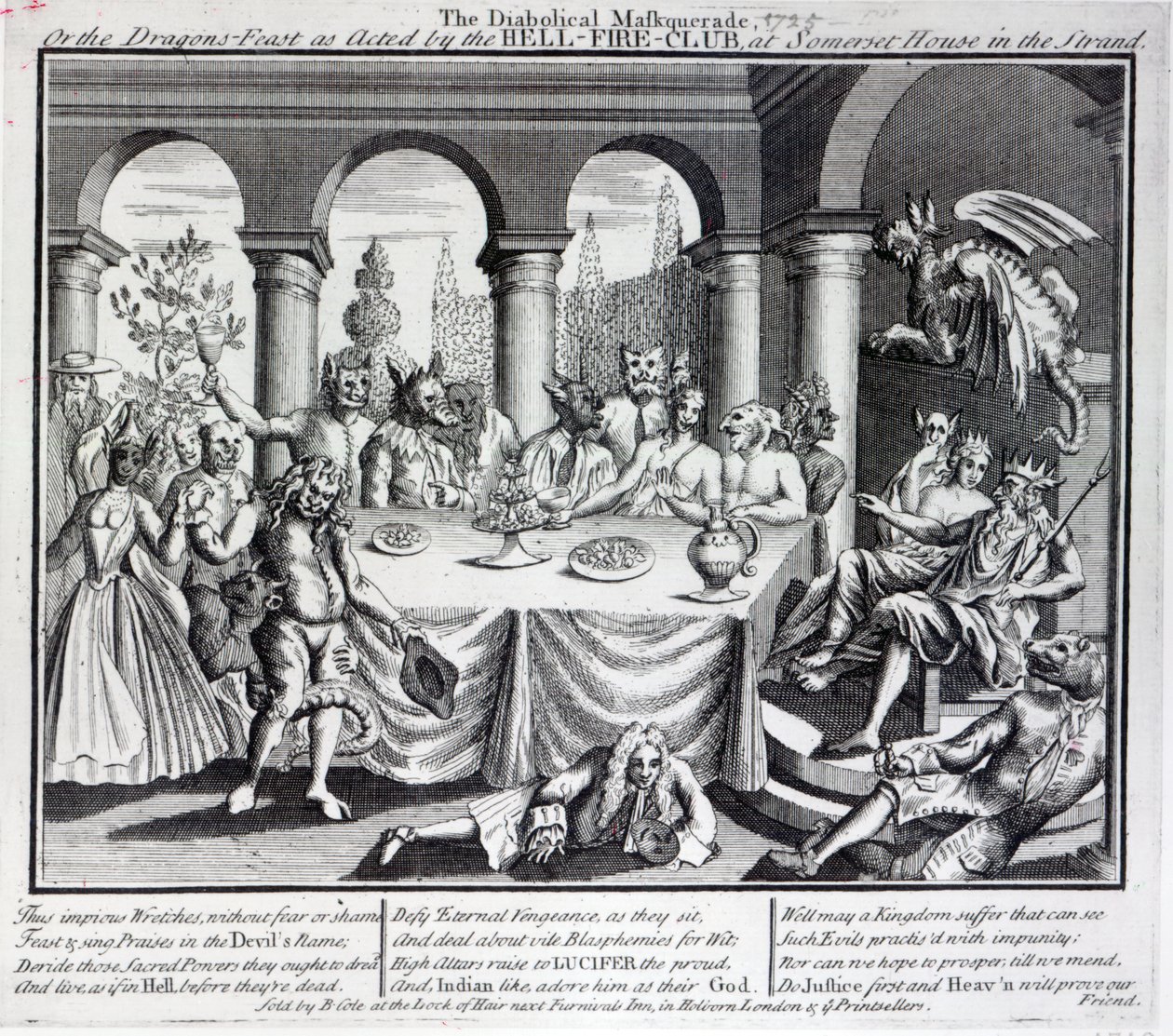 القناع الشيطاني ، أو عيد التنانين كما فعله نادي النار-النار ، في سومرست هاوس في ستراند ، c.1721 بواسطة مدرسة اللغة الإنجليزية