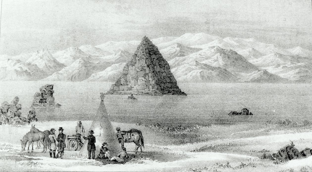 الهاوتزر في بحيرة بيراميد في يناير 1844 ، من تقرير البعثة الاستكشافية إلى جبال روكي في عام 1842 وإلى أوريغون ونورث كارولينا في 1843-1844 بقلم جون سي فريمونت ، نشر عام 1845 (مضاء بواسطة مدرسة اللغة الإنجليزية