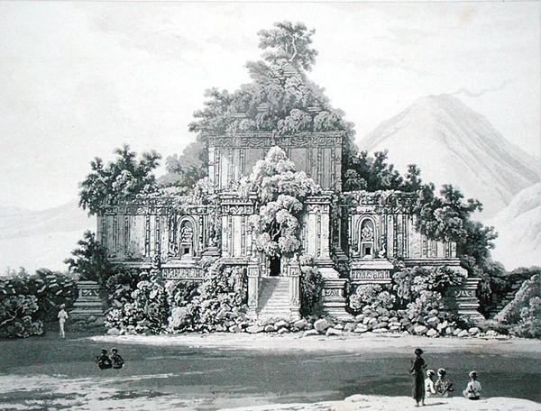 المعبد الكبير في برامبانان ، اللوحة 35 من المجلد الثاني من "تاريخ جاوة" لتوماس ستامفورد رافلز (1781-1826) ، نُشر عام 1817 (طباعة حجرية) بواسطة مدرسة اللغة الإنجليزية
