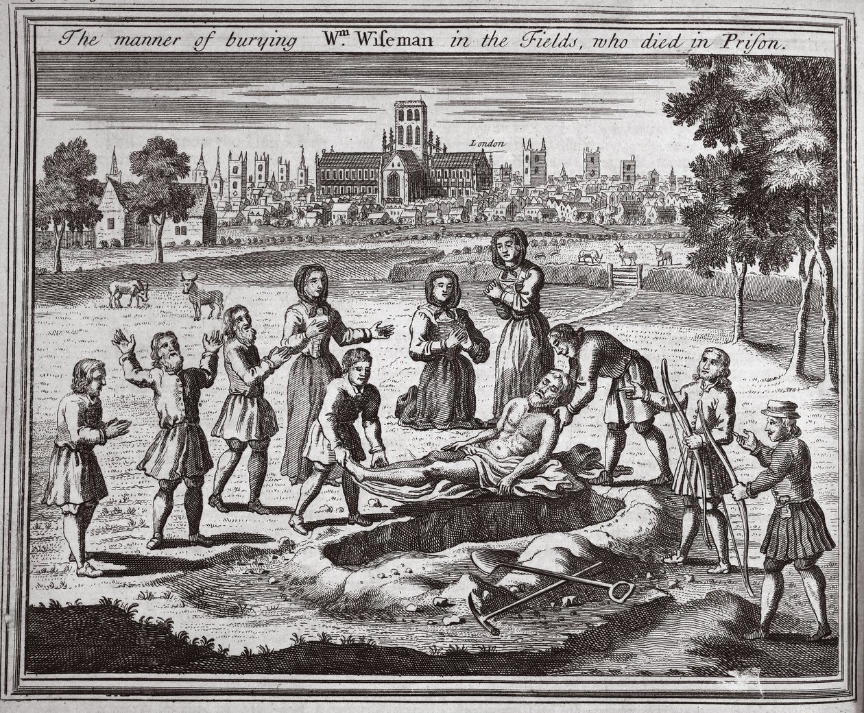 طريقة دفن Wm Wiseman في الحقول ، الذي مات في السجن ، صورة توضيحية من شهداء Foxes c.1703 بواسطة مدرسة اللغة الإنجليزية