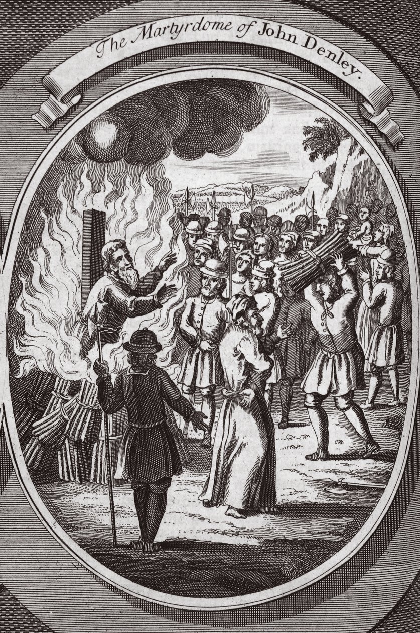 استشهاد جون دينلي ، رسم توضيحي من "شهداء الثعالب" حوالي 1703 (ليتو) بواسطة مدرسة اللغة الإنجليزية