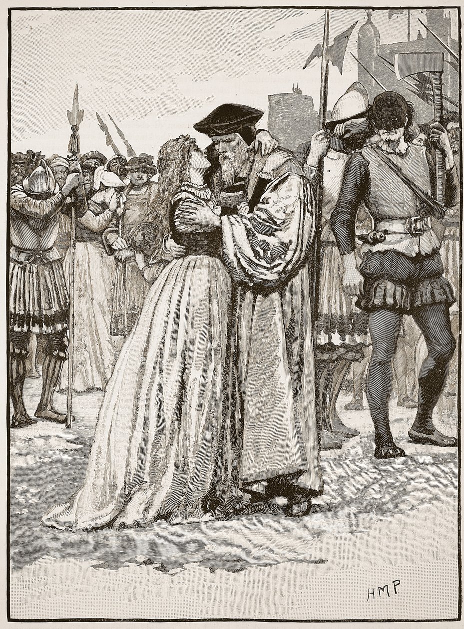 فراق السير توماس مور وابنته ، رسم توضيحي من Cassells Illustrated History of England (sepia photo) بواسطة مدرسة اللغة الإنجليزية