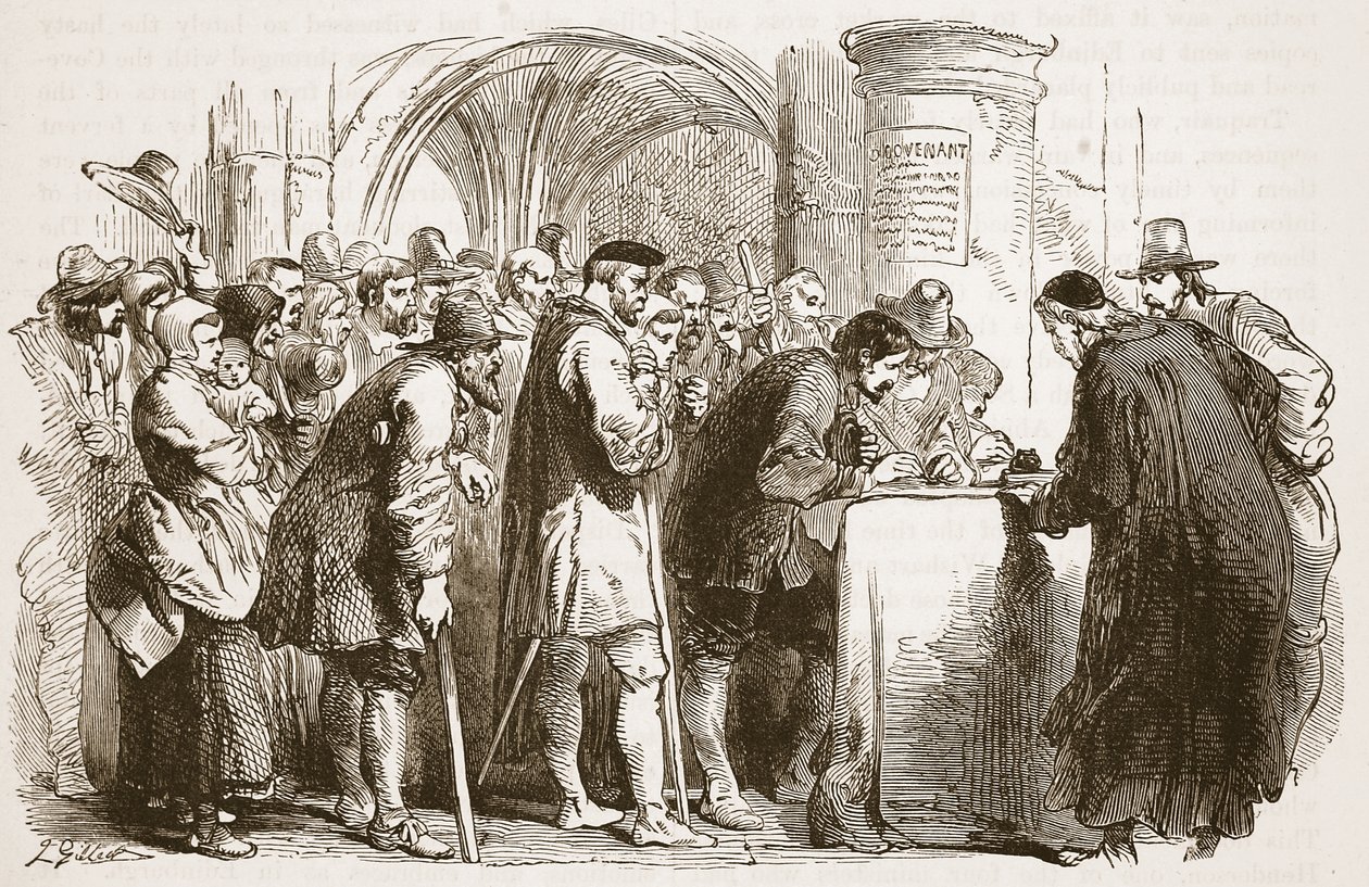 الأشخاص الذين وقعوا على العهد في كنيسة القديس جايلز ، إدنبرة ، رسم توضيحي من Cassells Illustrated History of England (sepia photo) بواسطة مدرسة اللغة الإنجليزية