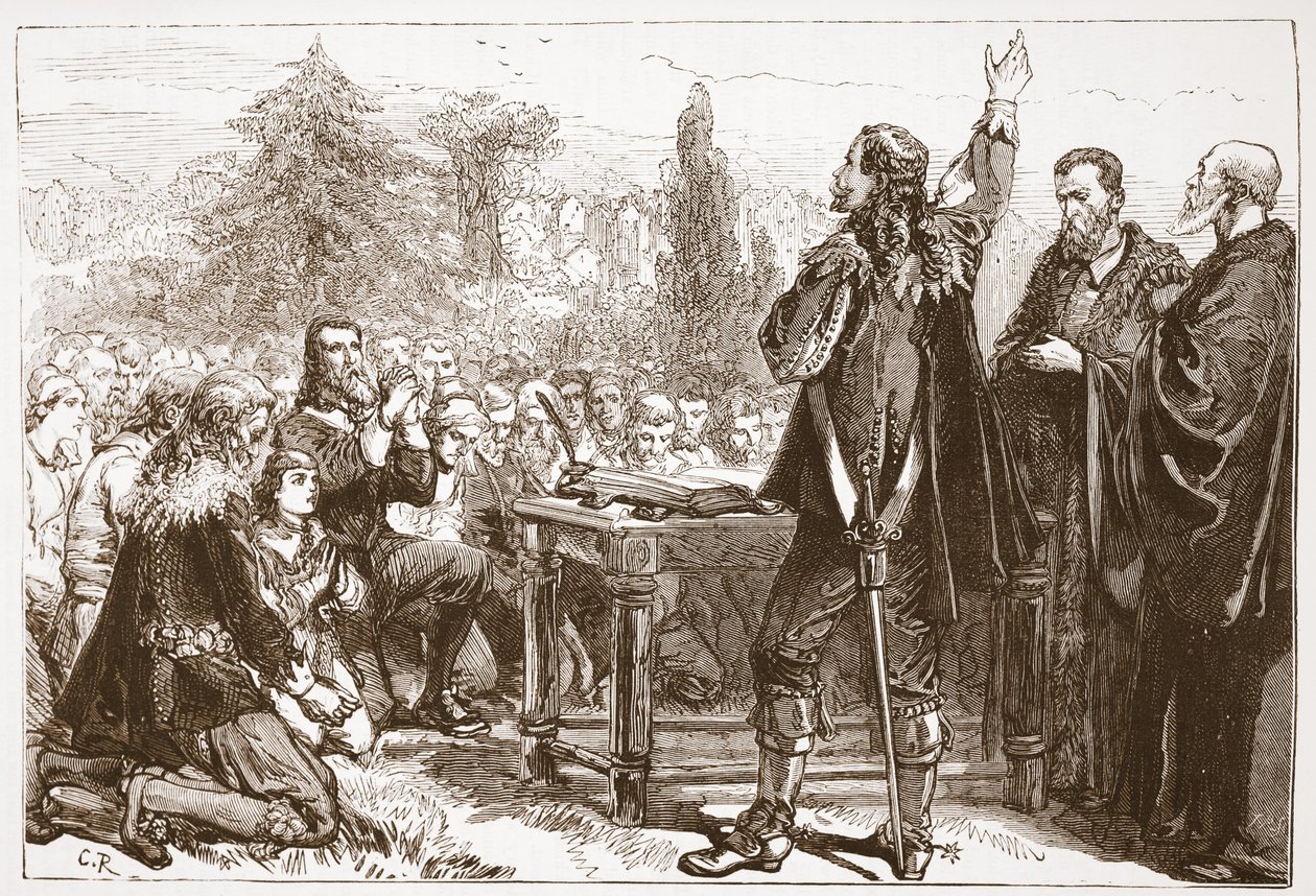 القسم والاشتراك في العهد الوطني في Greyfriars Churchyard ، إدنبرة ، توضيح من تاريخ البروتستانتية بقلم جيمس أيتكين ويلي (1808-1890) ، حانة. 1878 بواسطة مدرسة اللغة الإنجليزية