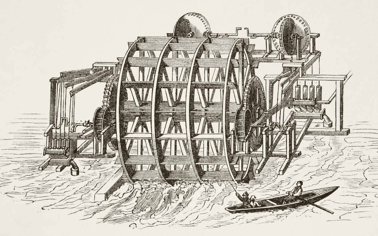 الأعمال المائية لجسر لندن ، التي أقيمت لأول مرة في عام 1582 ، من التاريخ الوطني والمحلي لإنجلترا بقلم ويليام هيكمان سميث أوبري (1858-1916) نشرت لندن ، c.1890 بواسطة مدرسة اللغة الإنجليزية