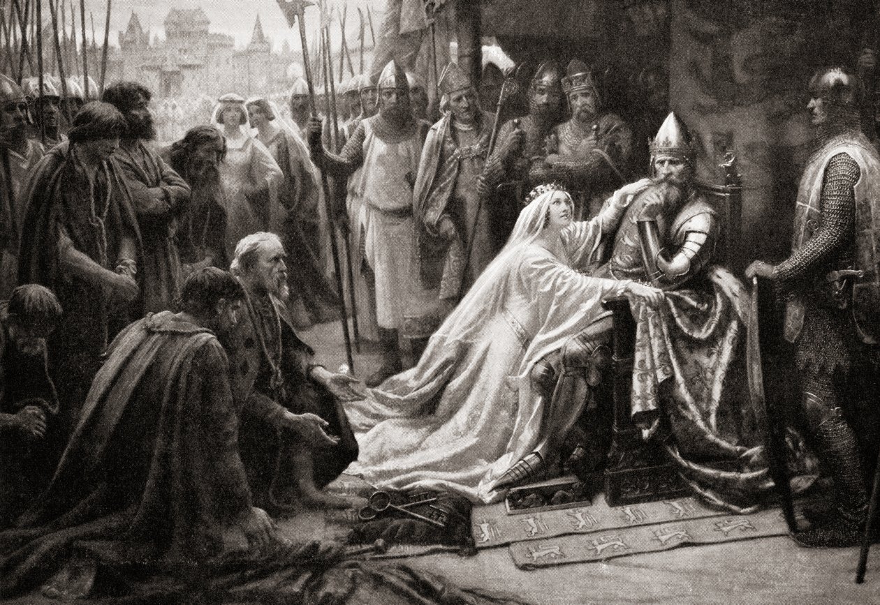 زوجة الملك إدوارد الثالث ، ملكة فيليبا من هاينو ، تتدخل أمام زوجها لتطلب إنقاذ حياة سكان كاليه السبعة (طباعة) بواسطة مدرسة اللغة الإنجليزية