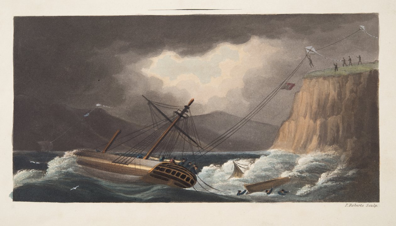 "Things attempted yet" , Milton, detail from frontispiece from "The Aeropleustic Art, or Navigation in the Air, by the Use of Kites, or Buoyant Sails, pub. 1827 (hand coloured aquatint) بواسطة مدرسة اللغة الإنجليزية