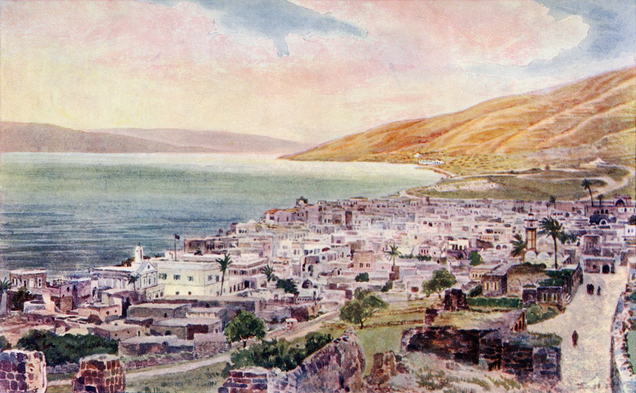 طبريا وبحر الجليل، إسرائيل، ج.1910 (ليثو ملون) بواسطة مدرسة اللغة الإنجليزية