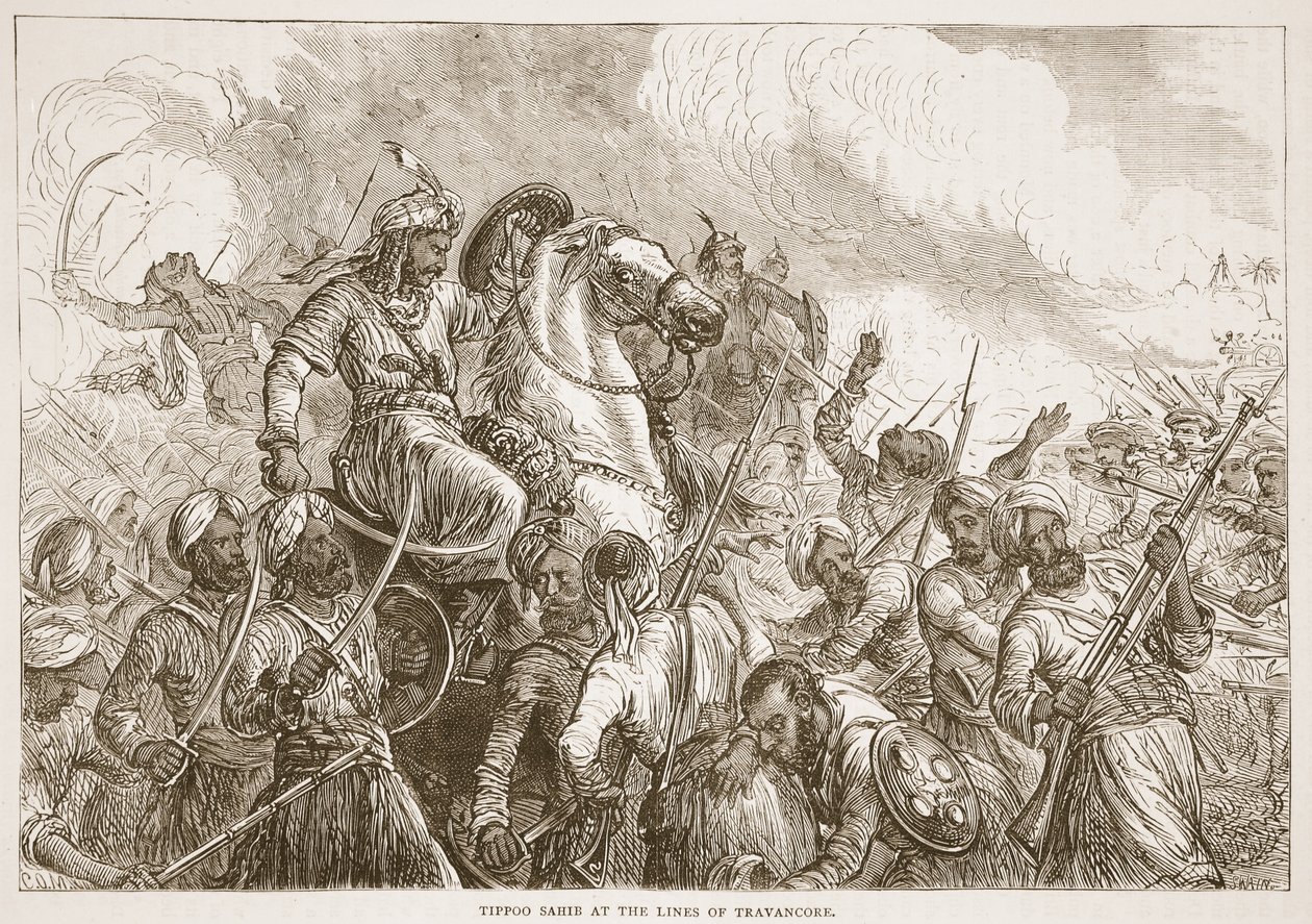تيبو صاحب على خطوط ترافانكور ، رسم توضيحي من Cassells Illustrated History of India بقلم جيمس جرانت ، حانة. 1879 بواسطة مدرسة اللغة الإنجليزية