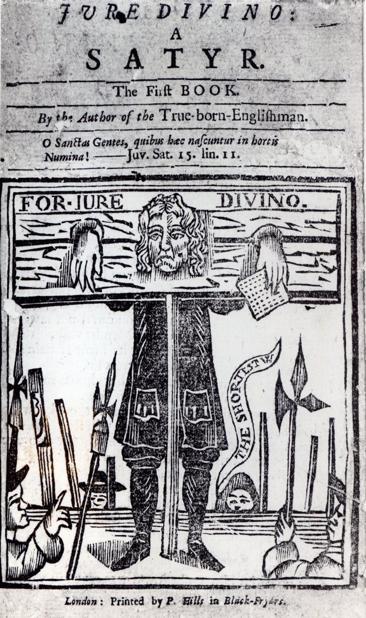 صفحة عنوان الكتاب الأول من Jure Divino - A Satyr by Daniel Defoe (1660-1731) المنشور في عام 1706 بواسطة مدرسة اللغة الإنجليزية
