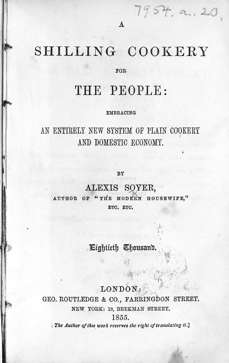 صفحة العنوان لـ Shilling Cookery for The People بواسطة Alexis Soyer ، تم نشره عام 1855 (ورقة مطبوعة) بواسطة مدرسة اللغة الإنجليزية