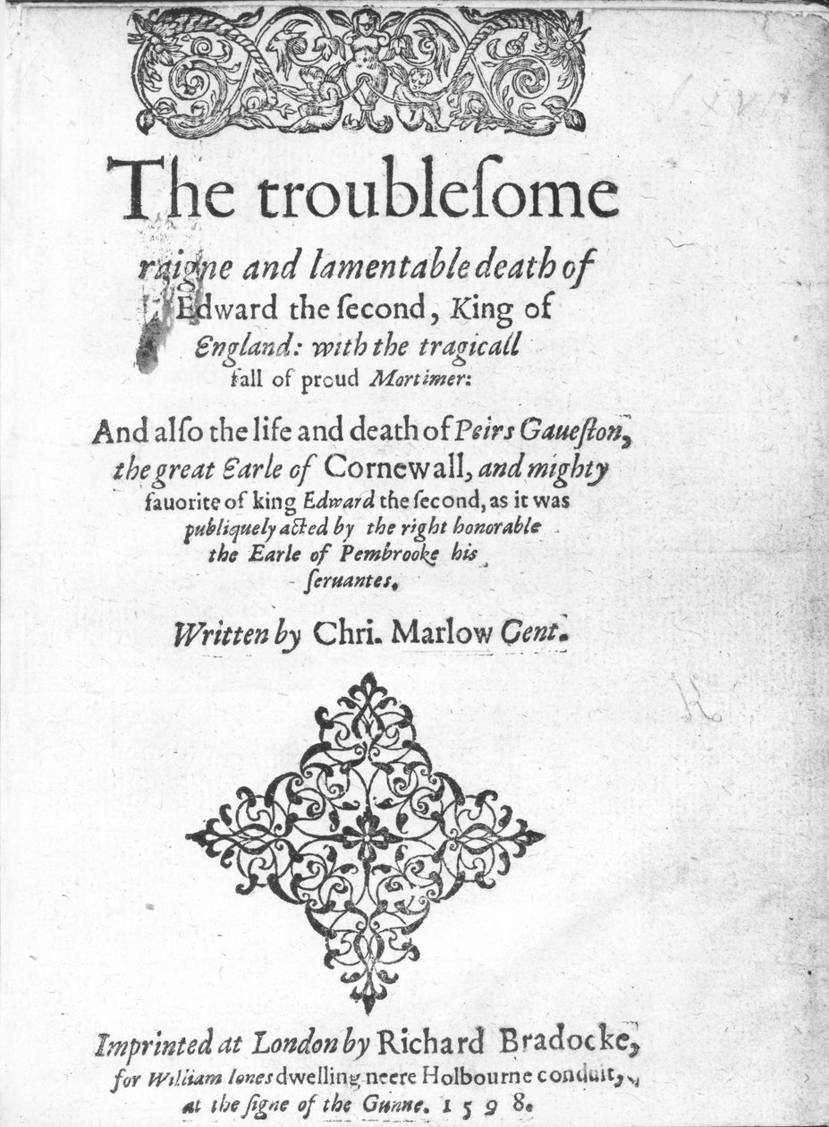 صفحة العنوان لإدوارد الثاني بقلم كريستوفر مارلو ، نُشر عام 1598 (ورقة مطبوعة) بواسطة مدرسة اللغة الإنجليزية