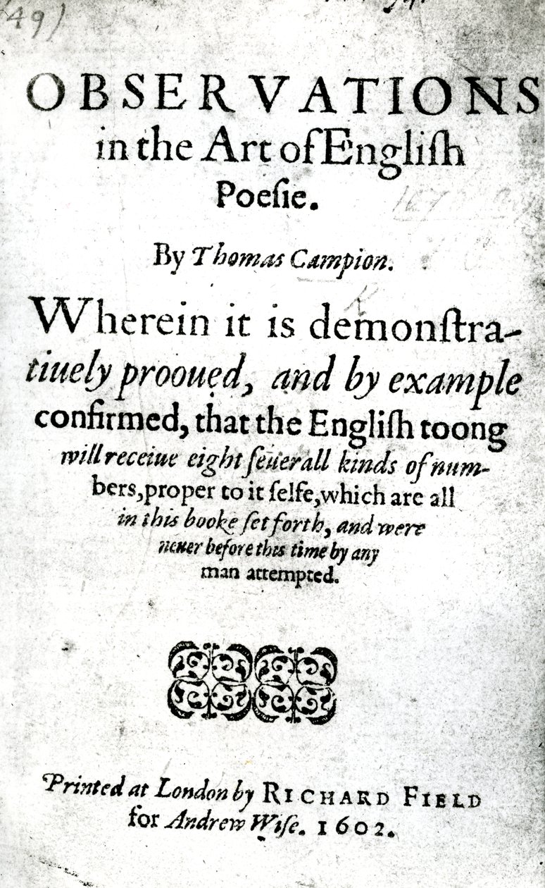 صفحة العنوان للملاحظات في فن اللغة الإنجليزية Poesie بواسطة Thomas Campion ، تم نشره عام 1602 (ورقة مطبوعة) بواسطة مدرسة اللغة الإنجليزية