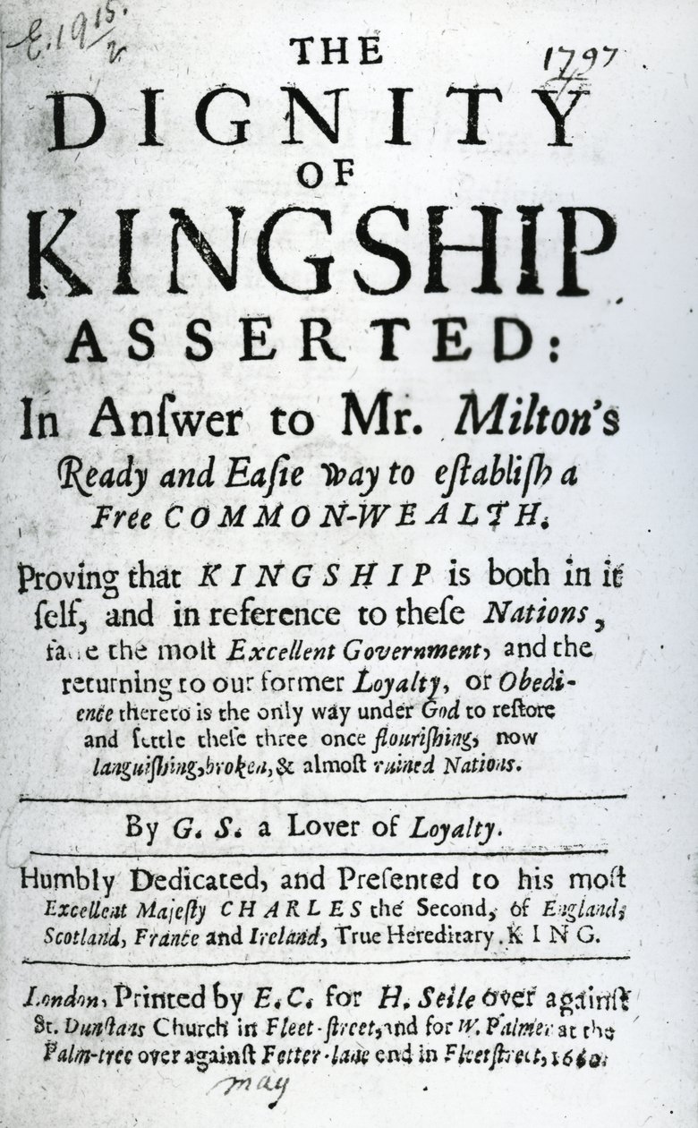 صفحة العنوان لـ The Dignity of Kingship أكدتها GS A Lover of Loyalty ، تم نشره عام 1660 (ورقة مطبوعة) بواسطة مدرسة اللغة الإنجليزية
