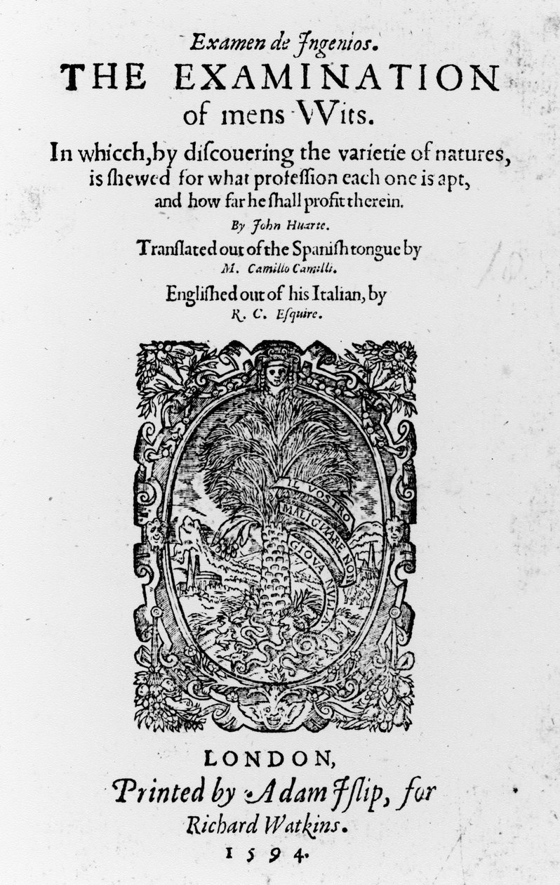 صفحة العنوان لفحص الذكاء من قبل خوان هوارتي ، نشر 1594 (ورقة مطبوعة) بواسطة مدرسة اللغة الإنجليزية