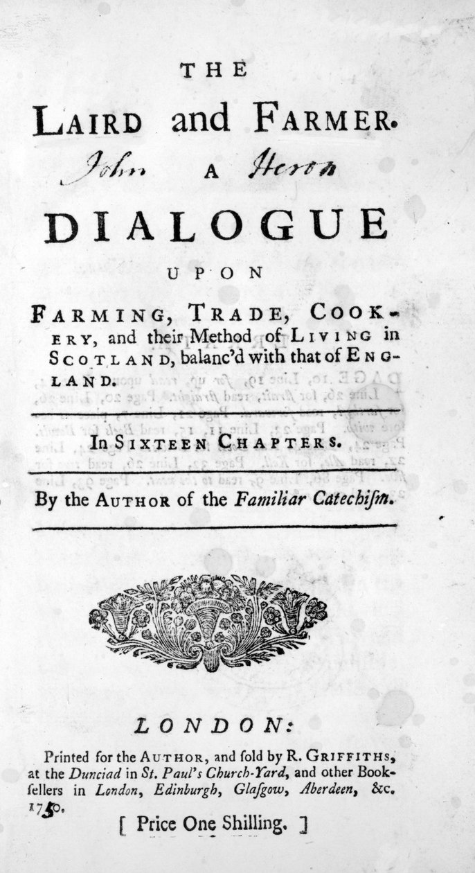 صفحة العنوان لـ The Laird and Farmer من قبل مؤلف كتاب التعليم المسيحي المألوف ، المنشور عام 1750 بواسطة مدرسة اللغة الإنجليزية