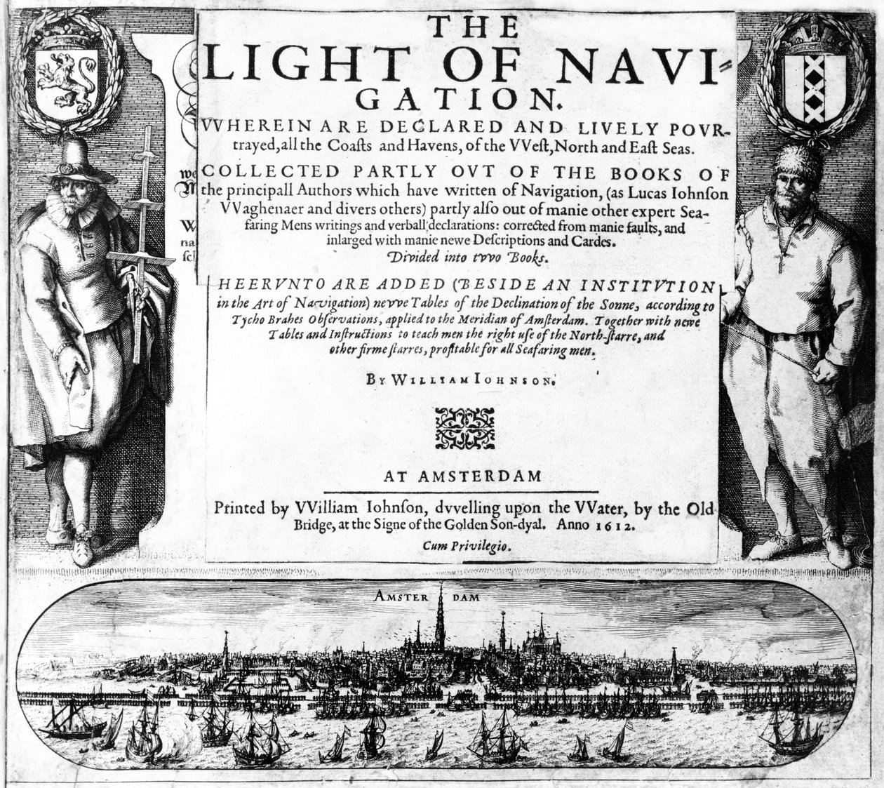 صفحة عنوان The Light of Navigation بواسطة William Iohnson ، تم نشره عام 1612 (الحروف والنقش) بواسطة مدرسة اللغة الإنجليزية