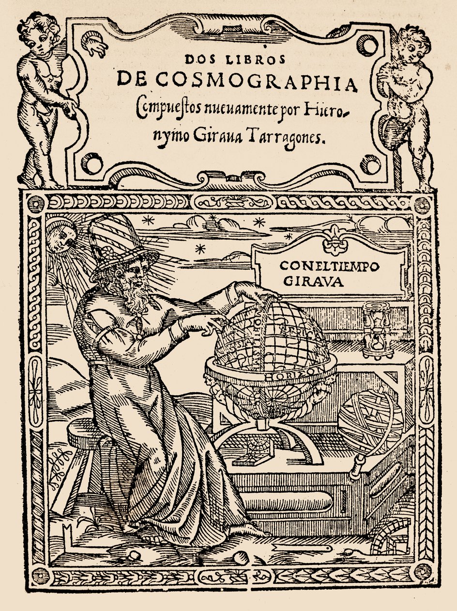 صفحة العنوان لكتابين من علم الكونيات بواسطة Hieronymo Girana Tarragones ، من The Narrative and Critical History of America ، حرره جاستن وينسور ، لندن ، 1886 (طبعة خشبية) بواسطة مدرسة اللغة الإنجليزية