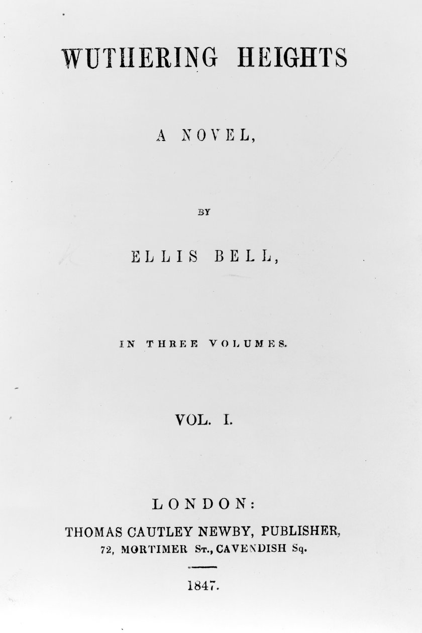 صفحة العنوان للطبعة الأولى من Wuthering Heights بواسطة Ellis Bell (اسم مستعار لإميلي برونتي) ، نشرت عام 1847 (ورقة مطبوعة) بواسطة مدرسة اللغة الإنجليزية