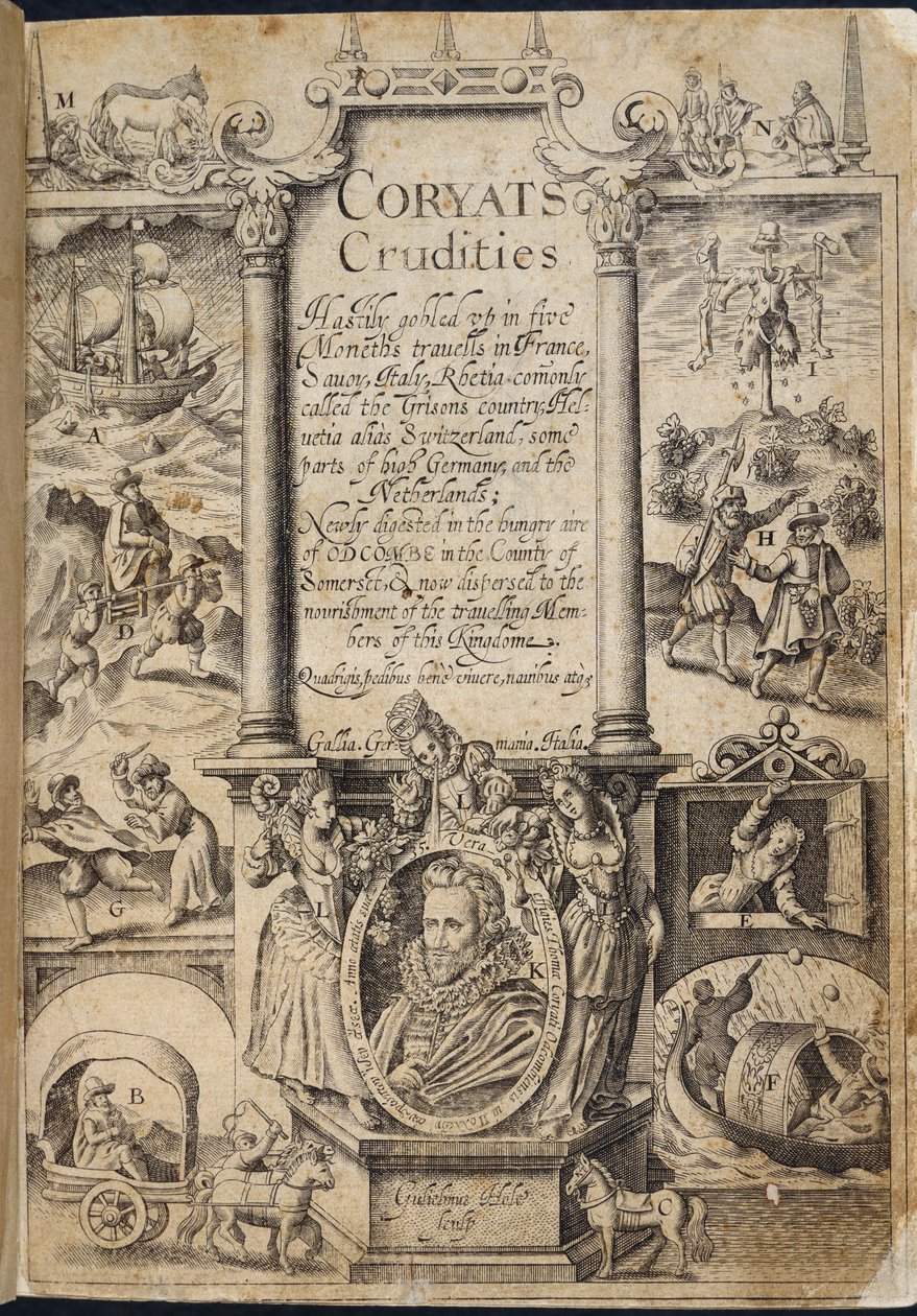 صفحة العنوان من "Coryats Crudities gobled vp in five Moneth trauells ..." بواسطة Thomas Coryat بواسطة مدرسة اللغة الإنجليزية