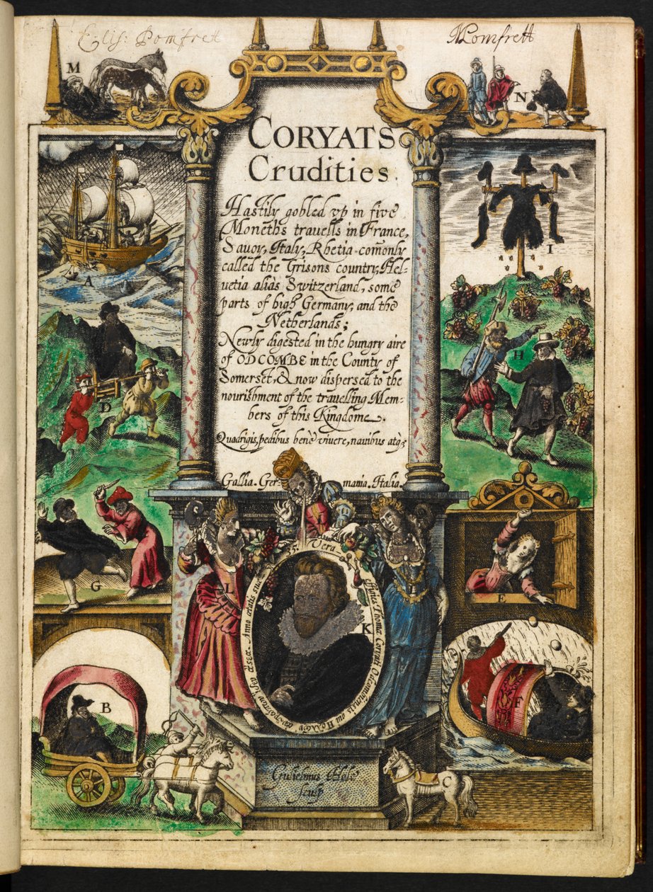 صفحة العنوان من "Coryats Crudities gobled vp in five Moneth trauells ..." بواسطة Thomas Coryat بواسطة مدرسة اللغة الإنجليزية