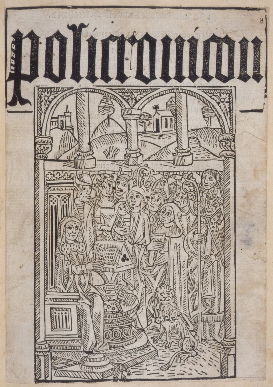صفحة العنوان من Polychronicon بقلم رانولف هيغدين (ت 1336) طبعها وينكين دي وورد ، 1495 بواسطة مدرسة اللغة الإنجليزية