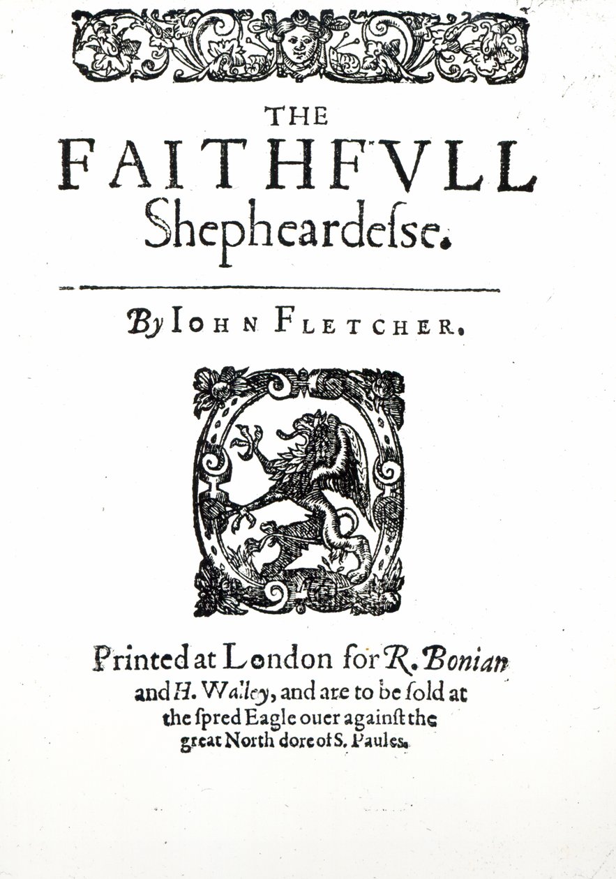 صفحة العنوان إلى The Faithfull Shepherdess بقلم جون فليتشر ، c.1609 (طباعة) بواسطة مدرسة اللغة الإنجليزية