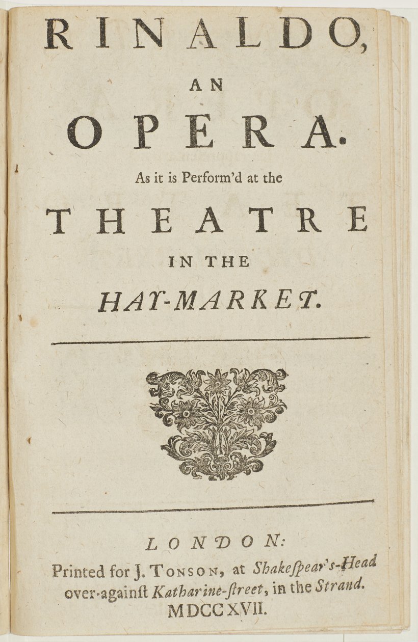 صفحة العنوان من مكتبة الأوبرا في هانديل "رينالدو" ، بقلم جياكومو روسي ، 1717 بواسطة مدرسة اللغة الإنجليزية