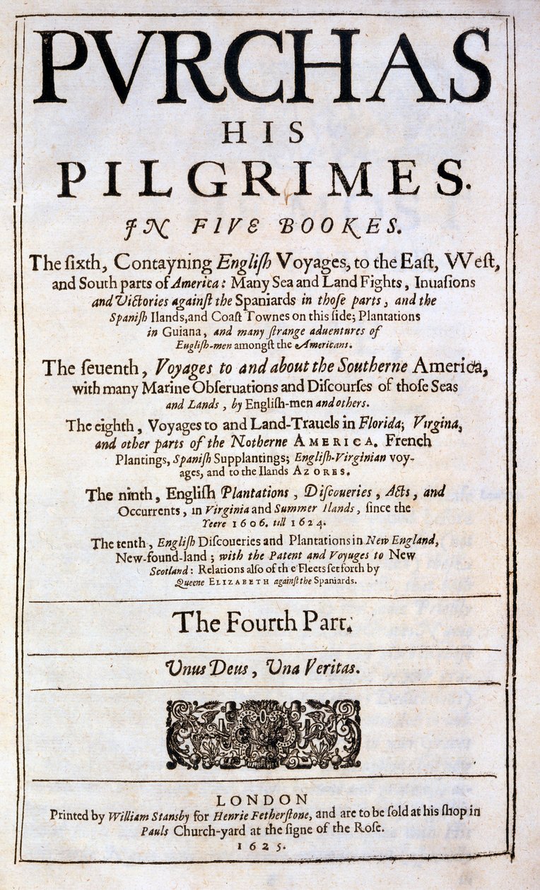 صفحة عنوان شراء حجاجه صموئيل شراء ، نُشرت عام 1625 بواسطة مدرسة اللغة الإنجليزية