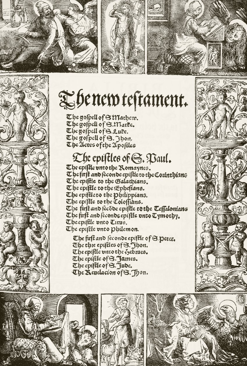 صفحة عنوان العهد الجديد وليام تينداليس ، مطبوعة في 1530s ، من التاريخ الوطني والمحلي لإنجلترا بقلم ويليام هيكمان سميث أوبري (1858-1916) المنشورة لندن ، c.1890 بواسطة مدرسة اللغة الإنجليزية