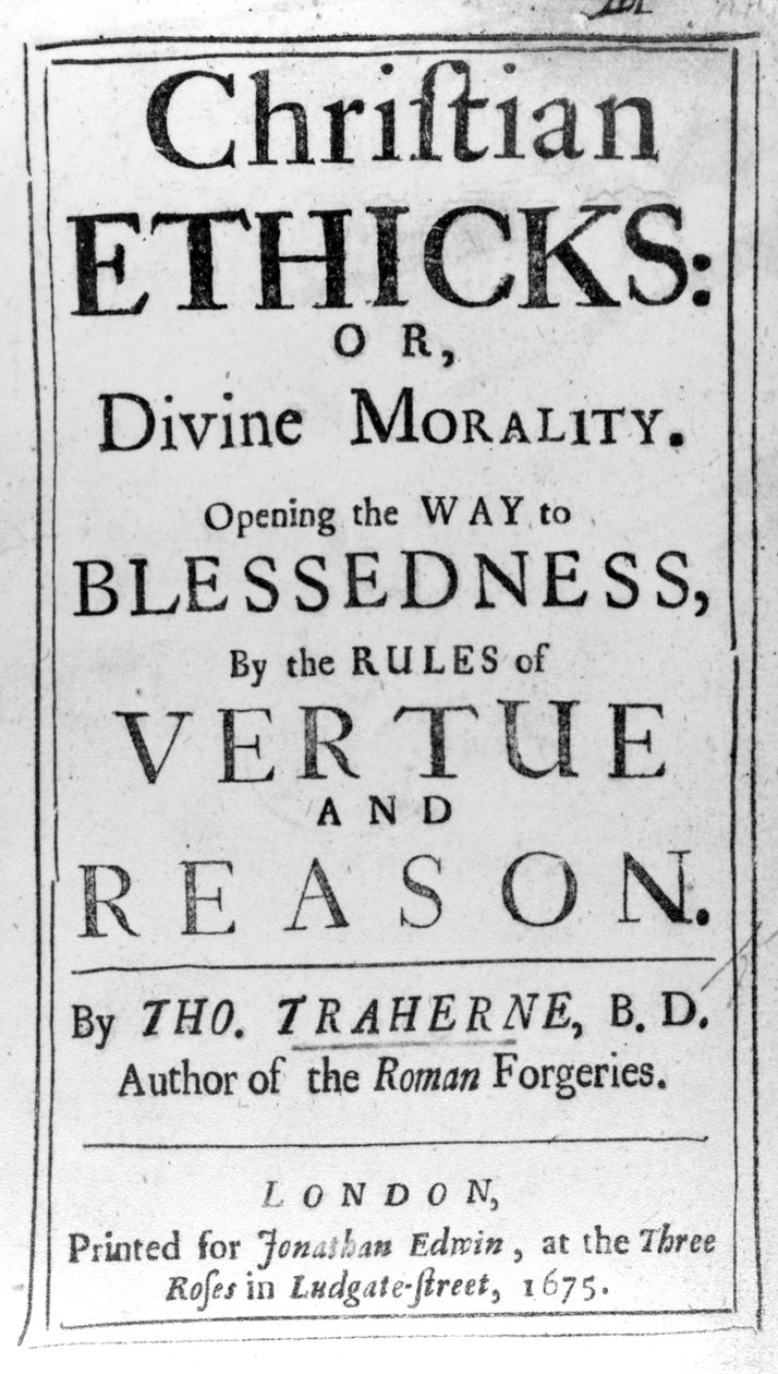 صفحة العنوان إلى Christian Ethicks بواسطة Thomas Traherne ، نُشرت عام 1675 بواسطة مدرسة اللغة الإنجليزية