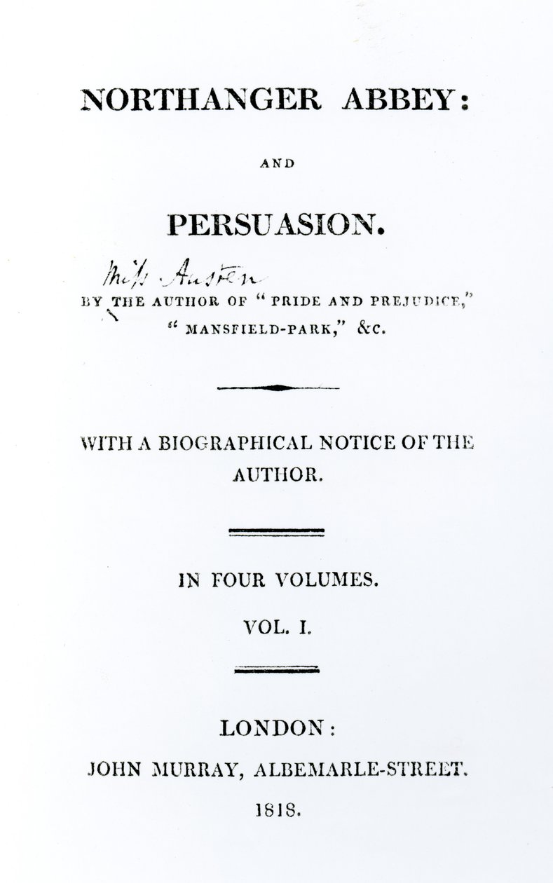 صفحة العنوان إلى دير Northanger والإقناع لجين أوستن ، الطبعة الأولى ، 1818 بواسطة مدرسة اللغة الإنجليزية