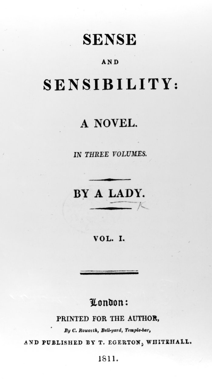 صفحة العنوان لـ Sense and Sensibility by Jane Austen ، الطبعة الأولى ، 1811 بواسطة مدرسة اللغة الإنجليزية