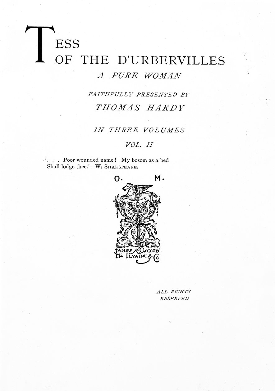 صفحة العنوان لـ "Tess of the D&39;Urbervilles" بقلم توماس هاردي ، طبعة نُشرت عام 1892 (ورقة مطبوعة) بواسطة مدرسة اللغة الإنجليزية