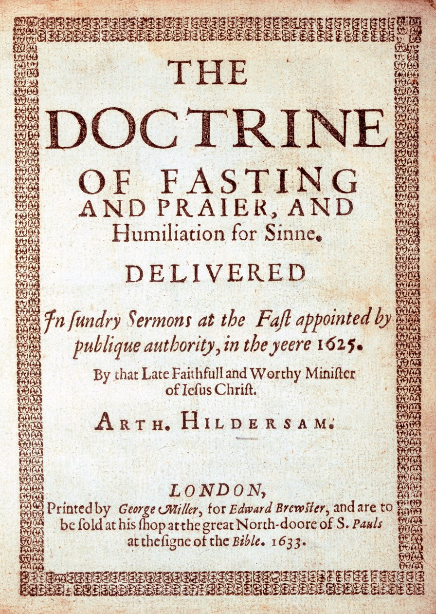صفحة العنوان لمذهب الصوم بقلم آرثر هيلدرسام ، 1633 (طباعة) بواسطة مدرسة اللغة الإنجليزية
