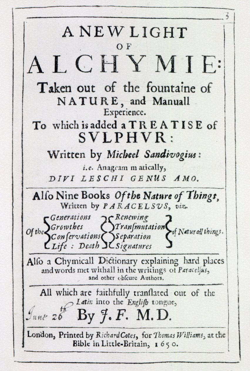 صفحة العنوان للنسخة الإنجليزية من A New Light on Alchemy بواسطة Michal Sedziwoj ، 1650 (طباعة) بواسطة مدرسة اللغة الإنجليزية