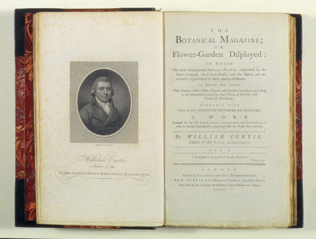 صفحة العنوان مع صورة ويليام كيرتس (1749-99) ، من مجلة نباتية أو حديقة زهور معروضة ، بقلم ويليام كيرتس ، نُشر عام 1790 بواسطة مدرسة اللغة الإنجليزية