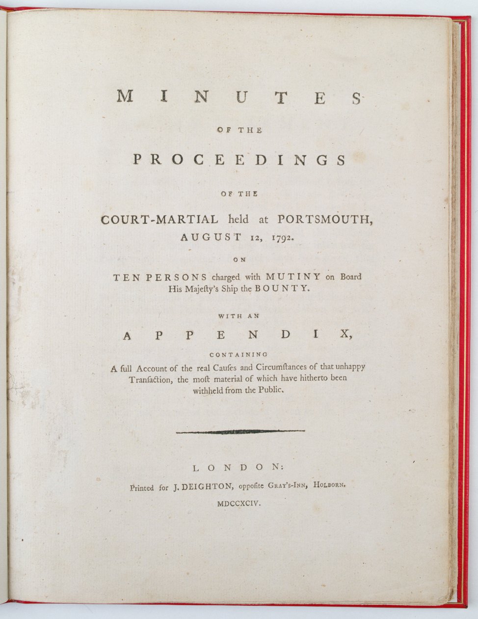 صفحة محضر محضر المحاكمة العسكرية التي عقدت في بورتسموث ، 12 أغسطس 1792 ، نشرت في لندن ، 1794 (طباعة) بواسطة مدرسة اللغة الإنجليزية