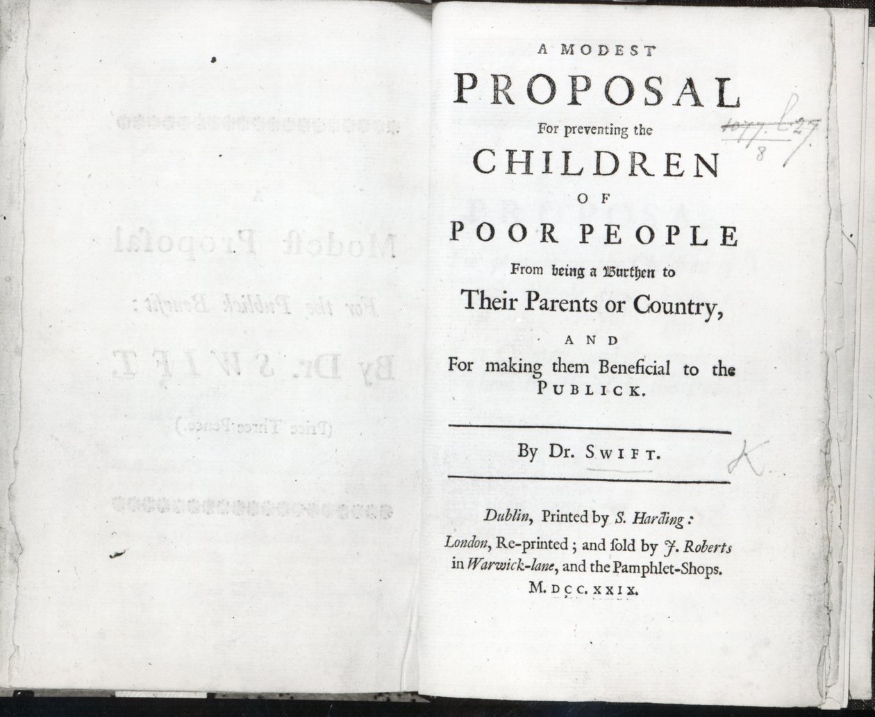 صفحة العنوان لمقترح متواضع لجوناثان سويفت ، نُشر عام 1729 (مطبوعة) بواسطة مدرسة اللغة الإنجليزية