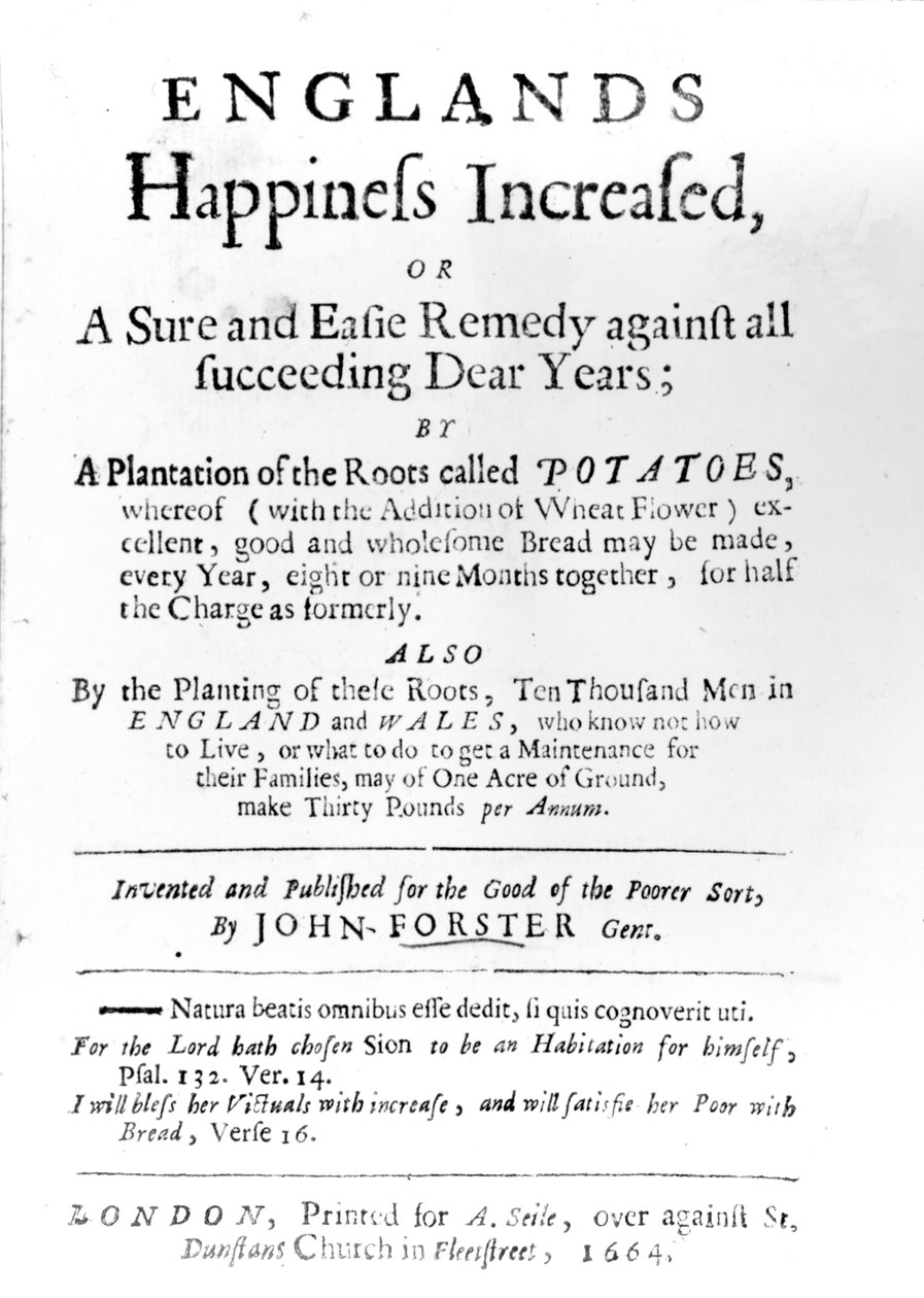 صفحة العنوان لسعادة Englands زيادة بواسطة جون فورستر ، نشر في 1664 (ورقة مطبوعة) بواسطة مدرسة اللغة الإنجليزية