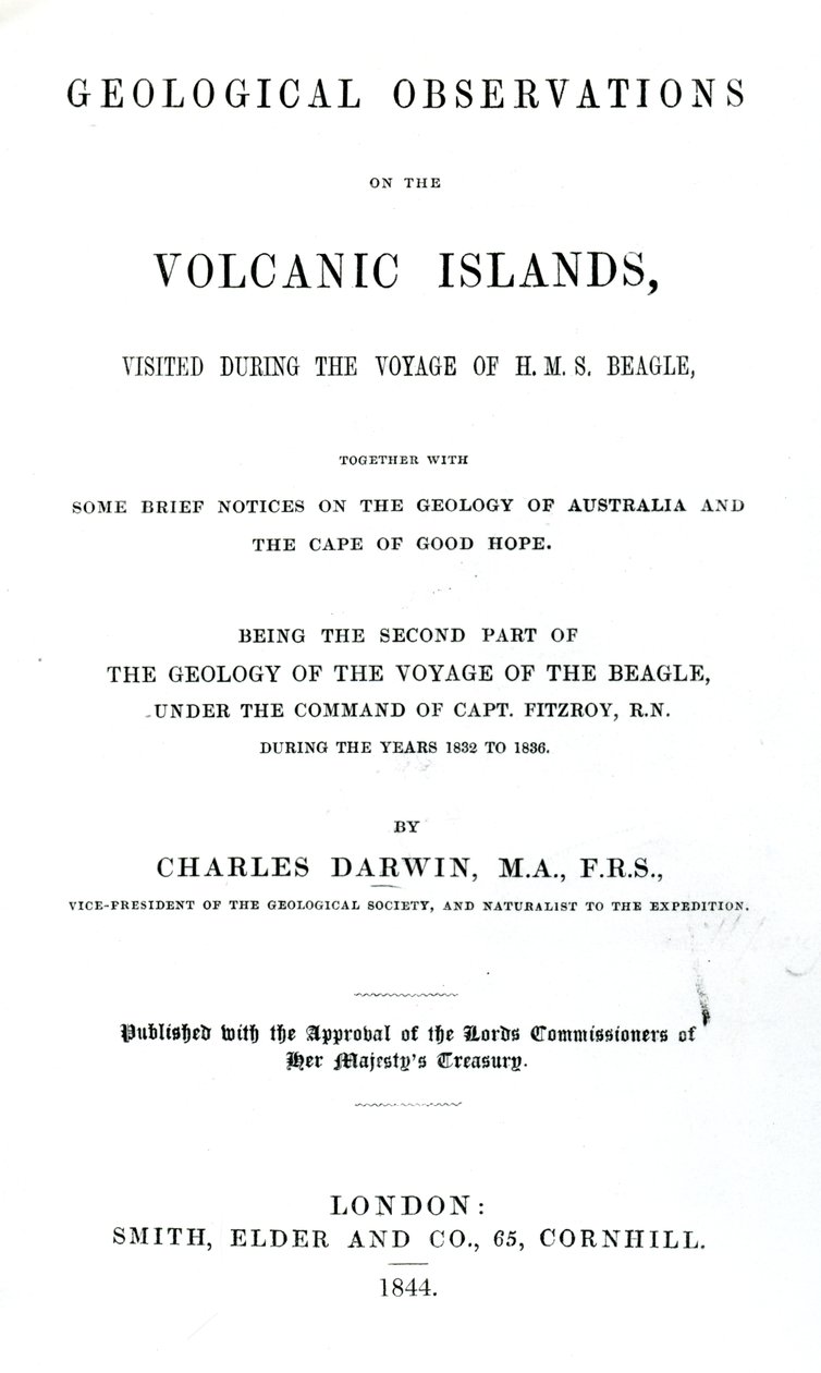 صفحة العنوان للملاحظات الجيولوجية على الجزر البركانية بقلم تشارلز داروين ، 1844 (ورقة مطبوعة) بواسطة مدرسة اللغة الإنجليزية